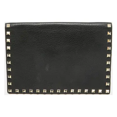 Valentino Black Leather Rockstud Flap Organizer Clutch