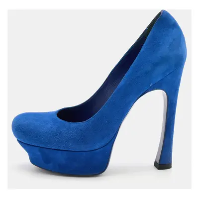 Yves Saint Laurent Blue Suede Palais Platform Peep Toe Pumps Size 36.5