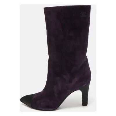 Chanel Purple/Black Suede and Satin CC Mid Calf Boots Size 39.5