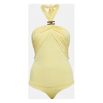 Elisabetta Franchi Yellow Metallic Logo Jersey Ruched Tie-Up Neck Bodysuit