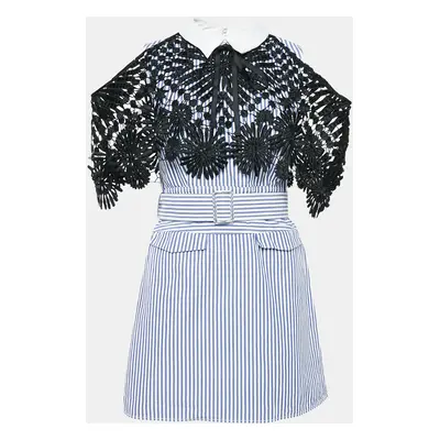 Self-Portrait White/Blue Stripe Cotton Lace Overlay Detail Mini Dress