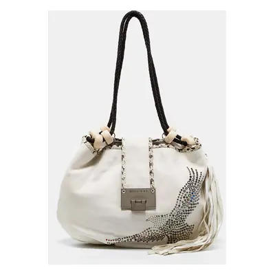 Jimmy Choo White Embellished Leather and Python Trim Beaded Drawstring Hobo