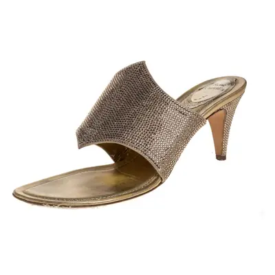 Rene Caovilla Metallic Gold Satin Crystal Embellished Slide Sandals Size