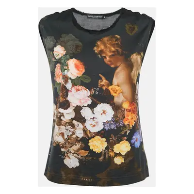 Dolce & Gabbana Black Cherub Print Cotton Knit and Silk Sleeveless Top