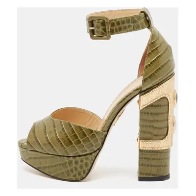 Charlotte Olympia Green Croc Embossed Leather Eugenie Platform Sandals Size