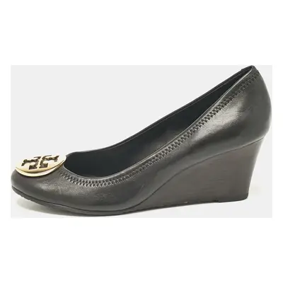 Tory Burch Black Leather Sally Wedge Pumps Size 38.5