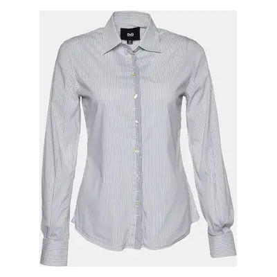 D&G White & Grey Striped Cotton Long Sleeve Shirt