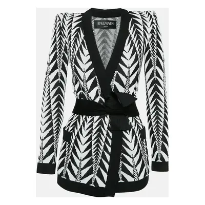 Balmain White/Black Patterned Knit Belted Cardigan