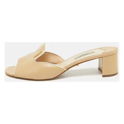 Prada Beige Patent Saffiano Leather Block Heel Slide Sandals Size