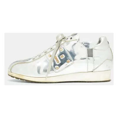 Fendi Metallic Silver Patent Leather Low Top Sneakers Size