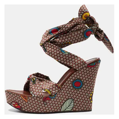 Sergio Rossi Multicolor Printed Satin Ankle-Wrap Wedge Platform Sandals Size