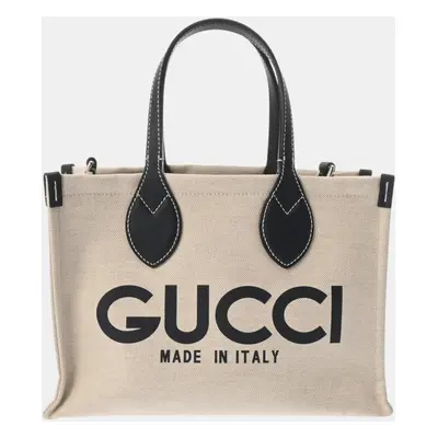 Gucci Beige Navy Canvas Leather Print Tote Bag