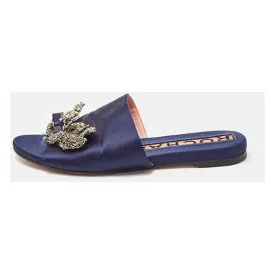 Rochas Navy Blue Satin Crystal Embellished Bow Slide Flat Sandals Size