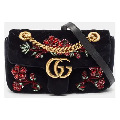 Gucci Black Matelassé Velvet Mini Crystals Embellished GG Marmont Shoulder Bag