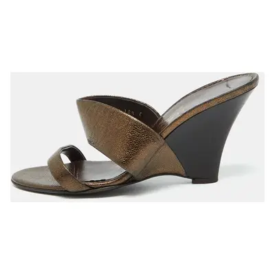 Salvatore Ferragamo Metallic Brown Leather Slide Wedge Sandals Size