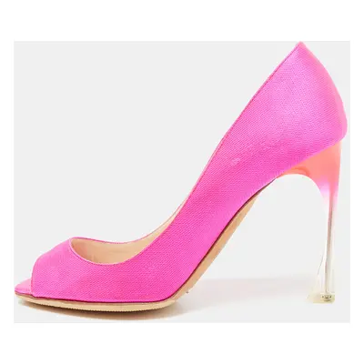 Dior Fuchsia Pink Canvas Flare Heel Peep Toe Pumps Size 37.5