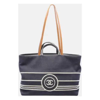 Chanel Denim Leather Navy White Brown Coco Mark Tote Bag