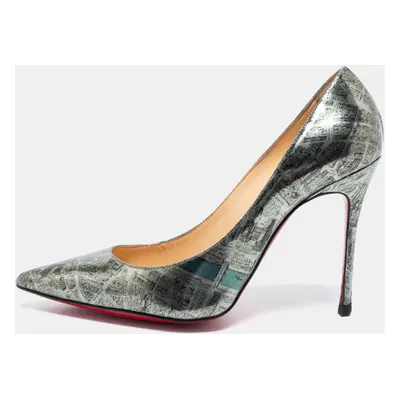 Christian Louboutin Metallic Monochrome Paris Map Print Patent Leather Decollete Pumps Size 36.5