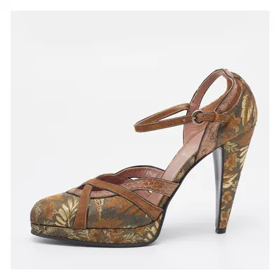 Miu Miu Brown/Gold Brocade Fabric And Python Trim D'orsay Ankle Strap Pumps Size