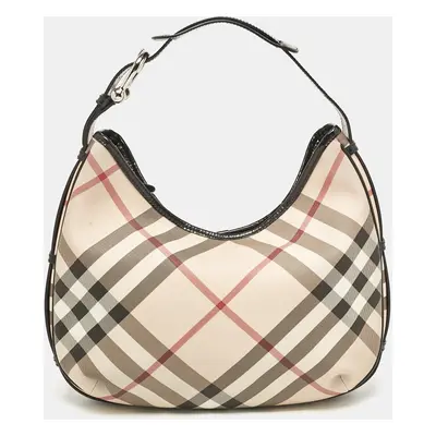 Burberry Black/Beige Nova Check Coated Canvas and Patent Leather Barton Hobo