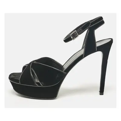 Saint Laurent Black Velvet Bianca Ankle Strap Sandals Size