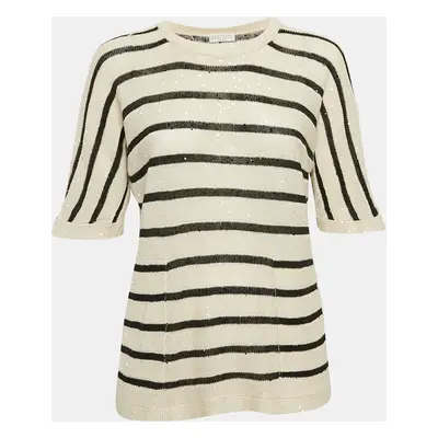 Brunello Cucinelli Cream/Black Stripe Boucle Knit Sequin Detail Short Sleeve Sweater