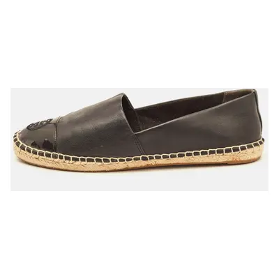 Tory Burch Black Leather Logo Cap Toe Espadrille Flats Size