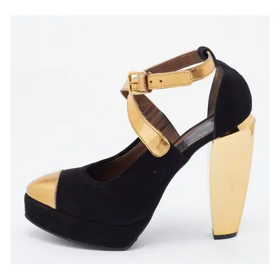 Marni Black/Gold Suede and Leather Platforms Ankle Strap Pumps Size