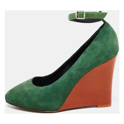 Celine Green Suede Wedge Ankle Strap Pumps Size