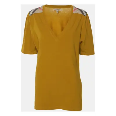 Burberry Yellow Cotton Blend Shoulder Patch V-Neck T-Shirt