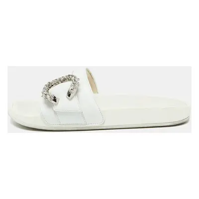 Jimmy Choo White Leather Crystal Embellished Flat Slides Size