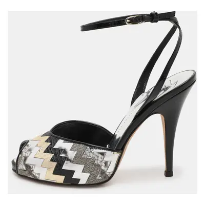 Giuseppe Zanotti Multicolor Zigzag Patent and Leather Mixed Media Ankle Strap Sandals Size