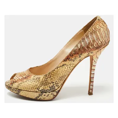 Dior Gold/Yellow Python Embossed Leather Miss Dior Peep-Toe Platform Pumps Size