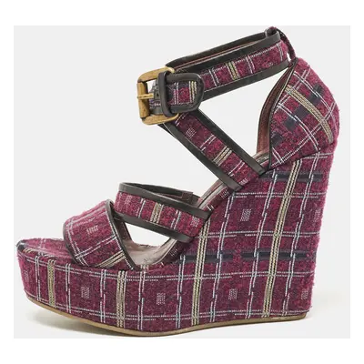 Etro Magenta Pink/Black Tweed and Leather Platform Wedge Sandals Size