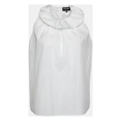 Giorgio Armani White Cotton Ruffle Neck Sleeveless Top