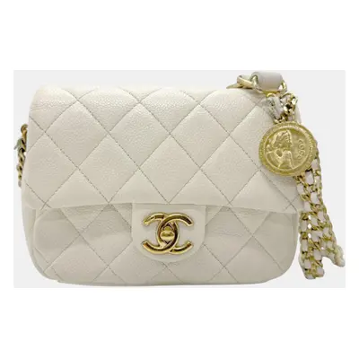 Chanel Caviar Leather Metal Off-White Gold Matelasse Shoulder Bag