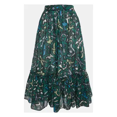 Valentino Green Graffiti Print Cotton Flounce Midi Skirt