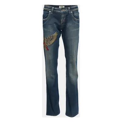 Moschino Jeans Navy Blue Embroidered Denim Distressed Jeans