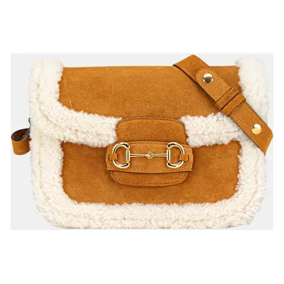 Gucci Brown Small Shearling Trimmed Suede Horsebit Crossbody