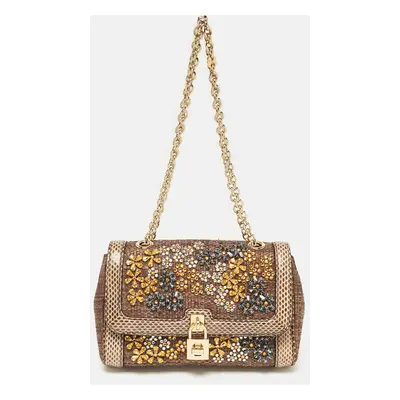 Dolce & Gabbana Brown Raffia and Snakeskin Crystals Embellished Padlock Shoulder Bag