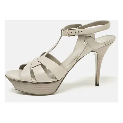 Saint Laurent Light Grey Leather Tribute Platform Sandals Size 40.5