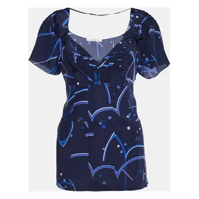 Prada Blue Geometric Print Crepe de Chine Silk Blouse