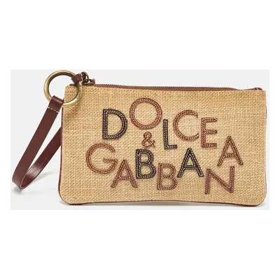 Dolce & Gabbana Beige/Brown Raffia and Leather Wristlet Clutch