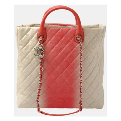 Chanel Coral Pink/Ivory Pink Leather Caviar Skin Tote/Shoulder Bag