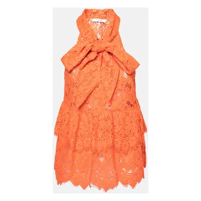 Ganni Orange Floral Lace Neck Tie Detail Tiered Sleeveless Top