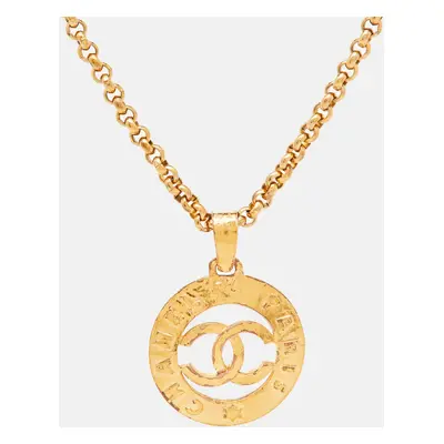 Chanel CC Gold Tone Round Pendant Long Necklace