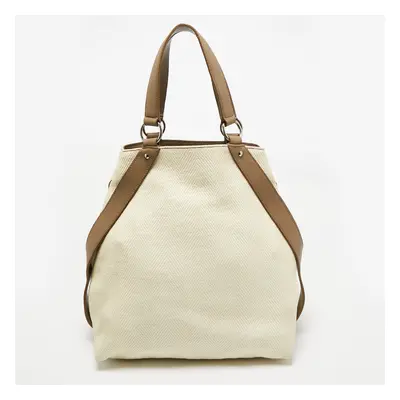 Yves Saint Laurent Cream/Taupe Grey Leather and Raffia Snap Tote