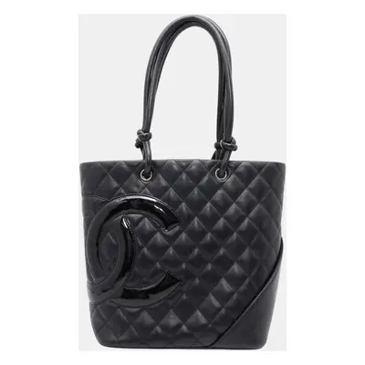 Chanel Black Leather Patent Leather Cambon Tote Bag Size Medium