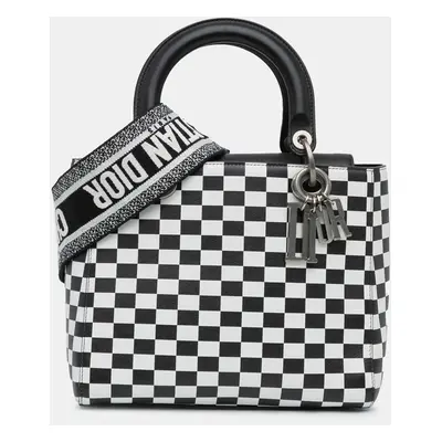 Dior Black White Calf Leather Medium Checkered Lady Dior Bag