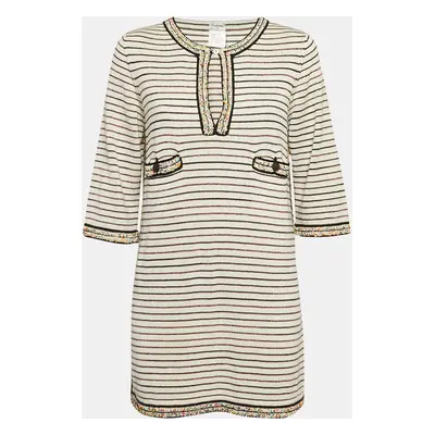 Chanel Beige Striped Knit Beads Embellished Mini Dress